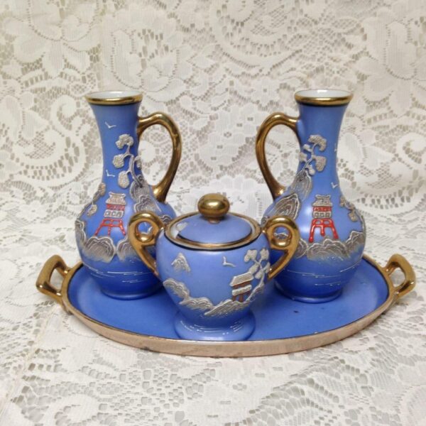 1920s, Japan, Rare, Moriage, Variant Gaudy Blue Willow 5pc Condiment Set