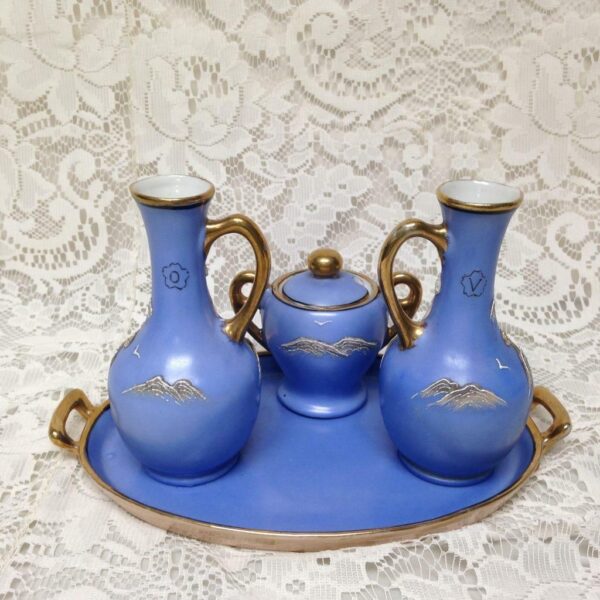 1920s, Japan, Rare, Moriage, Variant Gaudy Blue Willow 5pc Condiment Set