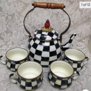 MacKenzie Childs Courtley Check Enamelware 2 Qts Tea Kettle w/ 4 Cups