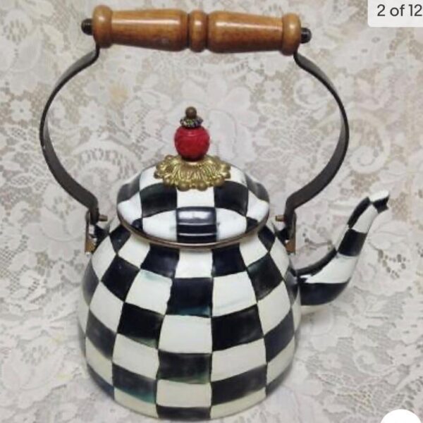 MacKenzie Childs Courtley Check Enamelware 2 Qts Tea Kettle w/ 4 Cups