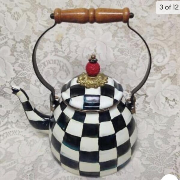 MacKenzie Childs Courtley Check Enamelware 2 Qts Tea Kettle w/ 4 Cups