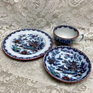 Antique, Flow Blue Willow, Variant Gaudy Willow, E.M. Co., England, Trio Set (A)