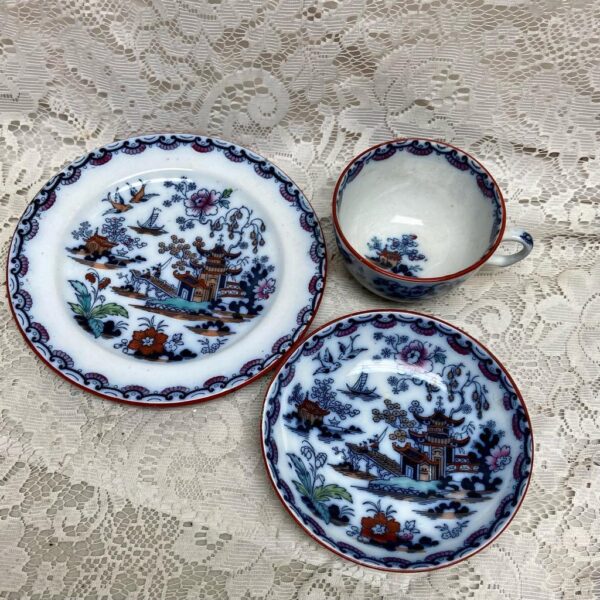 Antique, Flow Blue Willow, Variant Gaudy Willow, E.M. Co., England, Trio Set (A)