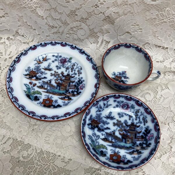 Antique, Flow Blue Willow, Variant Gaudy Willow, E.M. Co., England, Trio Set (A)