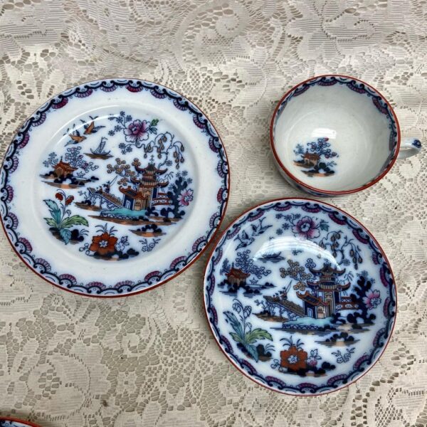 Antique, Flow Blue Willow, Variant Gaudy Willow, E.M. Co., England, Trio Set (A)