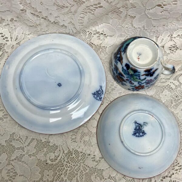 Antique, Flow Blue Willow, Variant Gaudy Willow, E.M. Co., England, Trio Set (A)