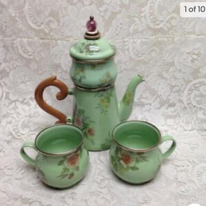 Vintage, MacKenzie Childs Green Enamelware 5pcTea Set