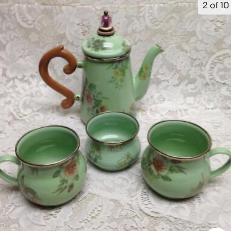 Vintage, MacKenzie Childs Green Enamelware 5pcTea Set