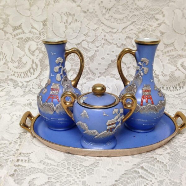 1920s, Japan, Rare, Moriage, Variant Gaudy Blue Willow 5pc Condiment Set