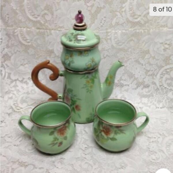 Vintage, MacKenzie Childs Green Enamelware 5pcTea Set