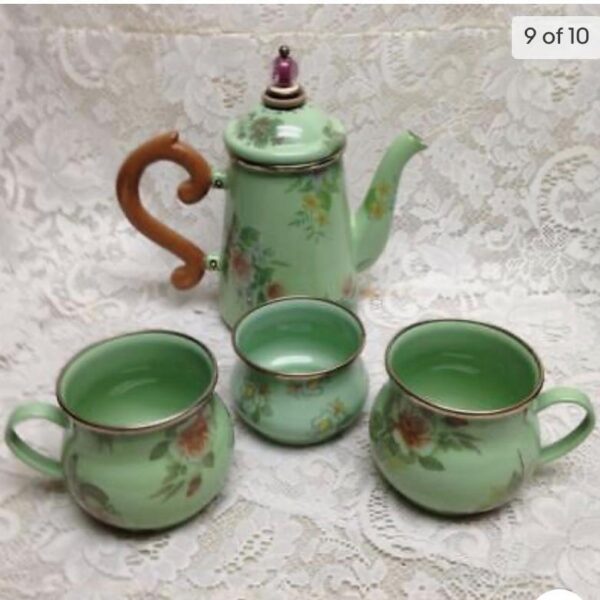 Vintage, MacKenzie Childs Green Enamelware 5pcTea Set