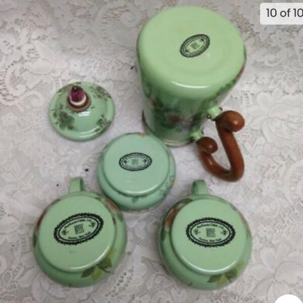 Vintage, MacKenzie Childs Green Enamelware 5pcTea Set