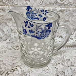 Vintage, Heavy Coin Dot Glass Blue Willow Pitcher