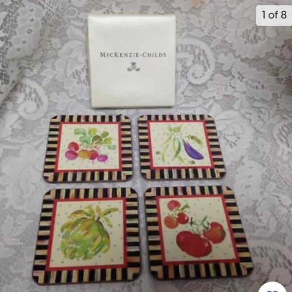 MacKenzie Childs Courtley Check, 4pc Coaster Set in Original Box