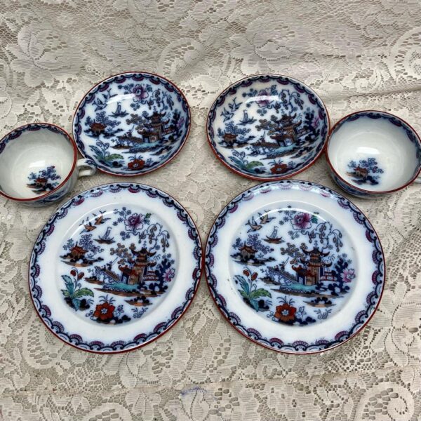 Antique, Variant Gaudy Flow Blue Willow, E.M. Co., England, Trio Set for 2