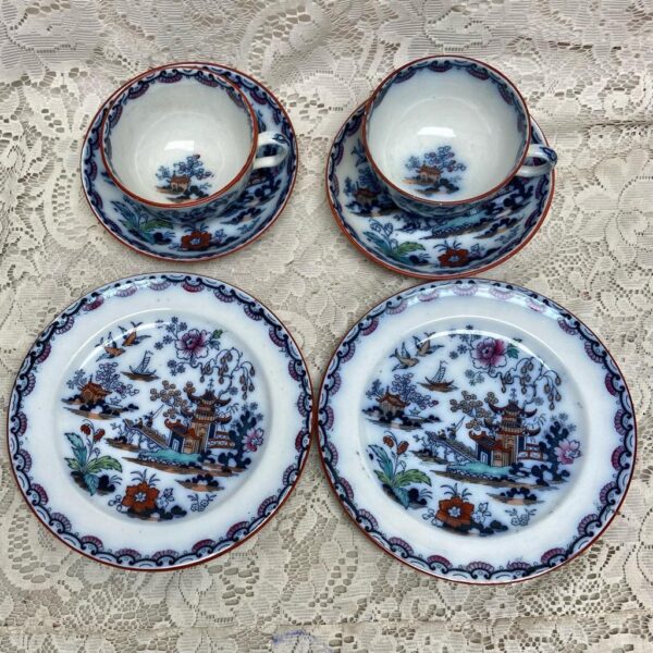 Antique, Variant Gaudy Flow Blue Willow, E.M. Co., England, Trio Set for 2