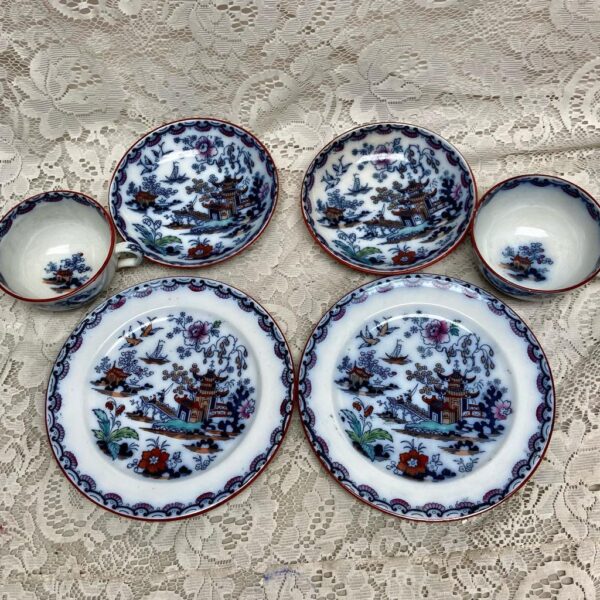 Antique, Variant Gaudy Flow Blue Willow, E.M. Co., England, Trio Set for 2