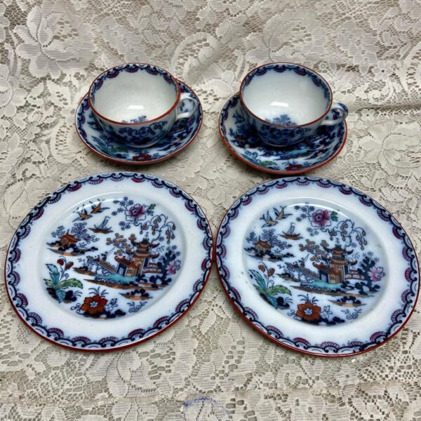 Antique, Variant Gaudy Flow Blue Willow, E.M. Co., England, Trio Set for 2