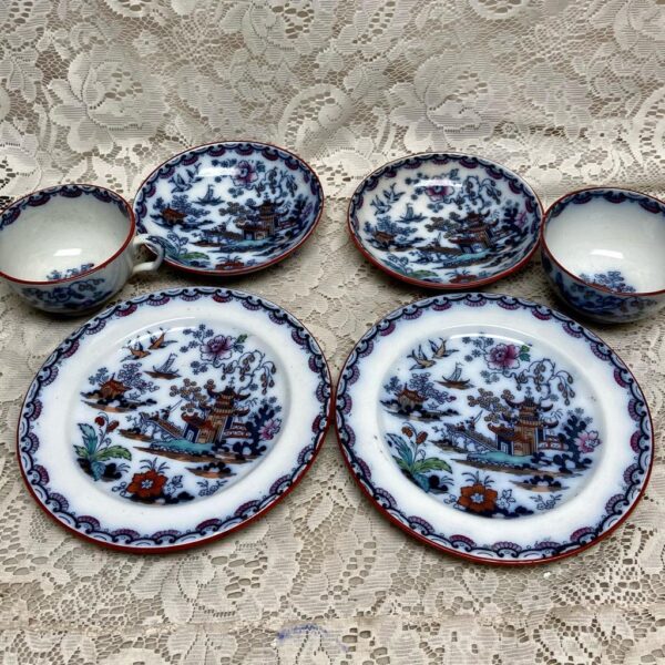 Antique, Variant Gaudy Flow Blue Willow, E.M. Co., England, Trio Set for 2