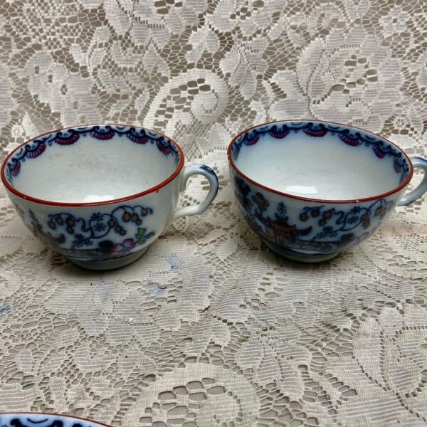 Antique, Variant Gaudy Flow Blue Willow, E.M. Co., England, Trio Set for 2