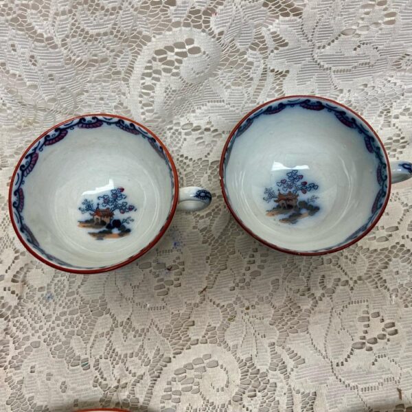 Antique, Variant Gaudy Flow Blue Willow, E.M. Co., England, Trio Set for 2