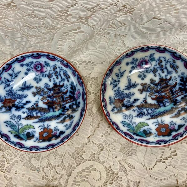 Antique, Variant Gaudy Flow Blue Willow, E.M. Co., England, Trio Set for 2