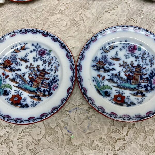 Antique, Variant Gaudy Flow Blue Willow, E.M. Co., England, Trio Set for 2