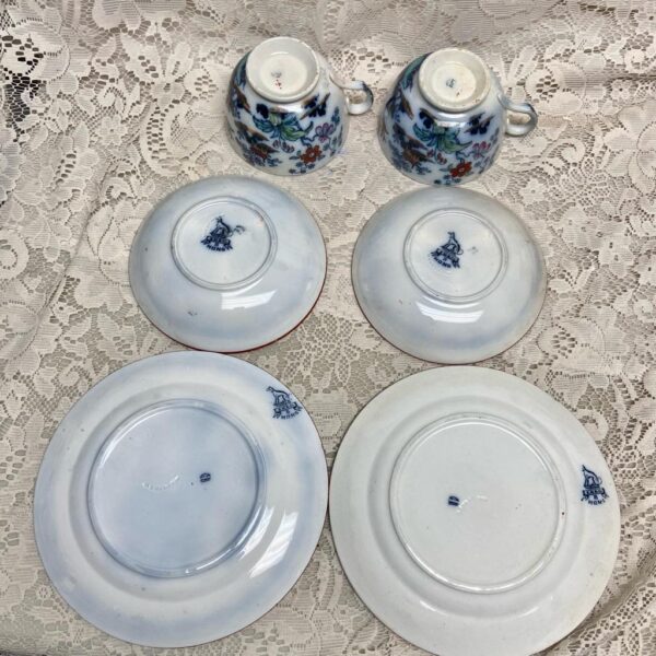 Antique, Variant Gaudy Flow Blue Willow, E.M. Co., England, Trio Set for 2