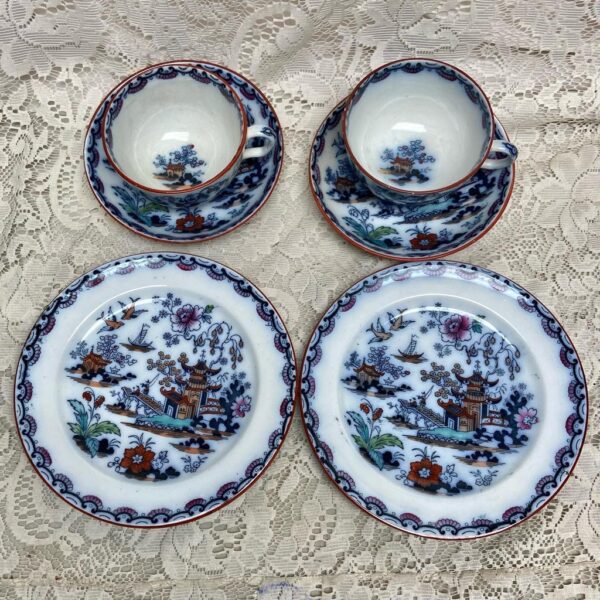 Antique, Variant Gaudy Flow Blue Willow, E.M. Co., England, Trio Set for 2