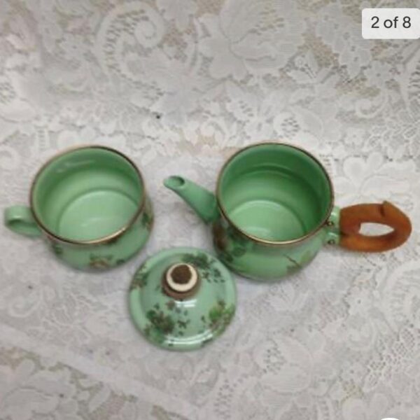 1995 Camp MacKenzie Childs Ltd., Green Floral Enamelware, 3pcTea Set