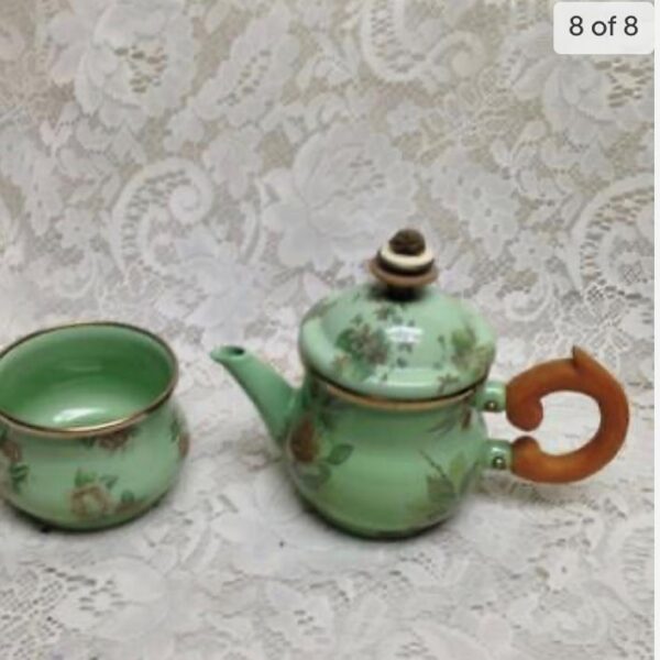 1995 Camp MacKenzie Childs Ltd., Green Floral Enamelware, 3pcTea Set