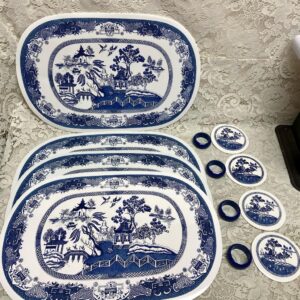 Vintage, 12pc Blue Willow Placemat, Coaster and Napkin Ring Set