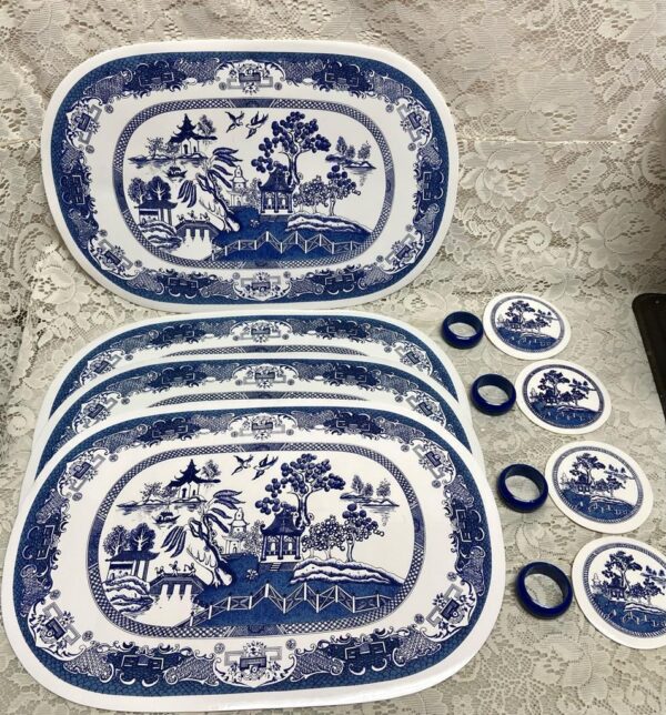 Vintage, 12pc Blue Willow Placemat, Coaster and Napkin Ring Set