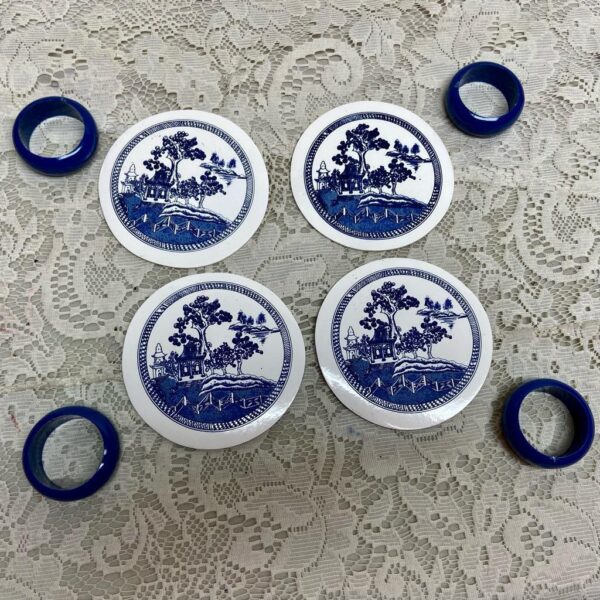 Vintage, 12pc Blue Willow Placemat, Coaster and Napkin Ring Set