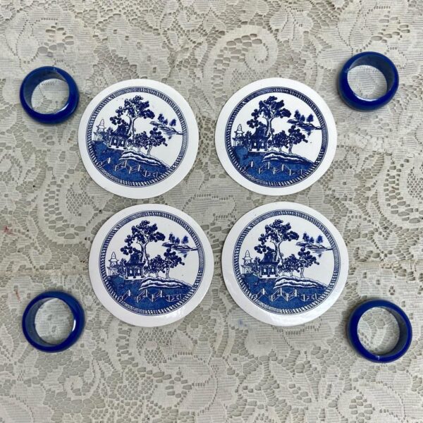 Vintage, 12pc Blue Willow Placemat, Coaster and Napkin Ring Set