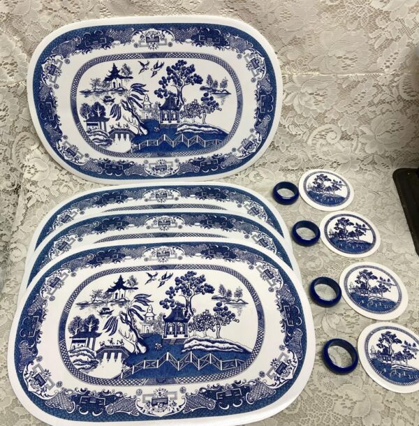 Vintage, 12pc Blue Willow Placemat, Coaster and Napkin Ring Set