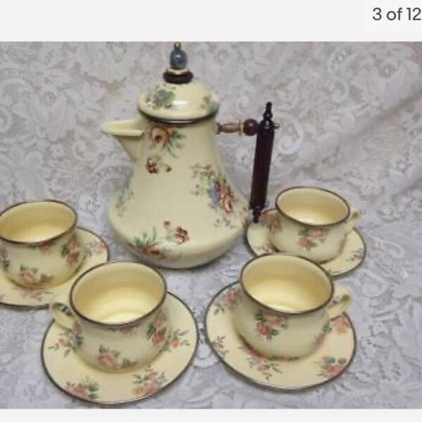 1983 Camp MacKenzie Childs Ltd., Beige Floral Enamelware, 11pcTea Set