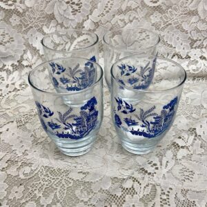 Vintage, Heavy 4pc Blue Willow Libbey Glass Tumblers