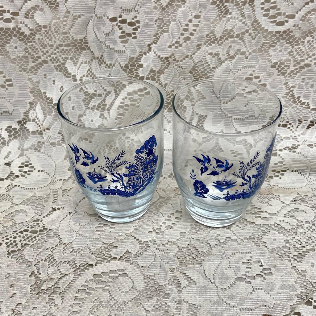 Vintage, Heavy 4pc Blue Willow Libbey Glass Tumblers