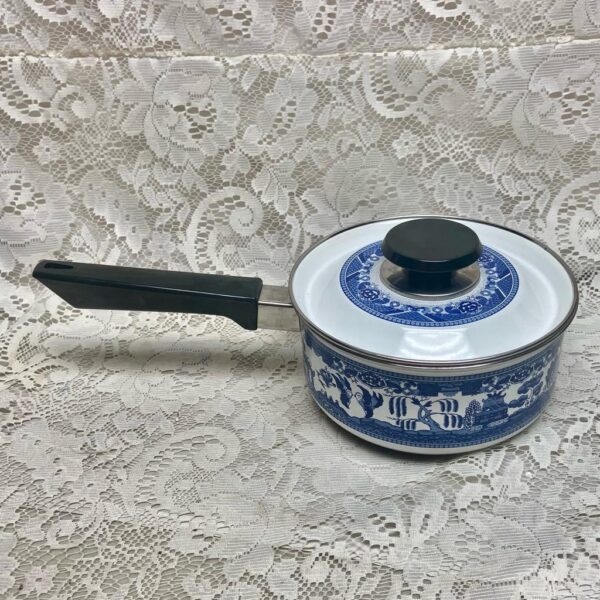 Blue Willow, Enamelware Cookware- Covered Sauce Pan(S) 13inL x 7inD x 4.5inH