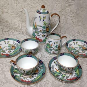 Vintage, Rare, Coalport England, Polychrome, Gaudy Blue Willow 11pc Tea Set