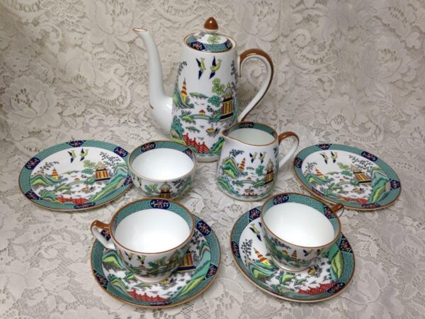 Vintage, Rare, Coalport England, Polychrome, Gaudy Blue Willow 11pc Tea Set