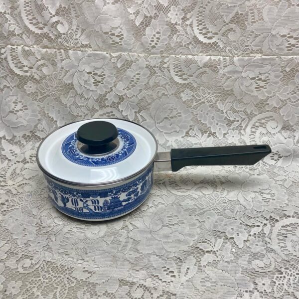 Blue Willow, Enamelware Cookware- Covered Sauce Pan(S) 13inL x 7inD x 4.5inH