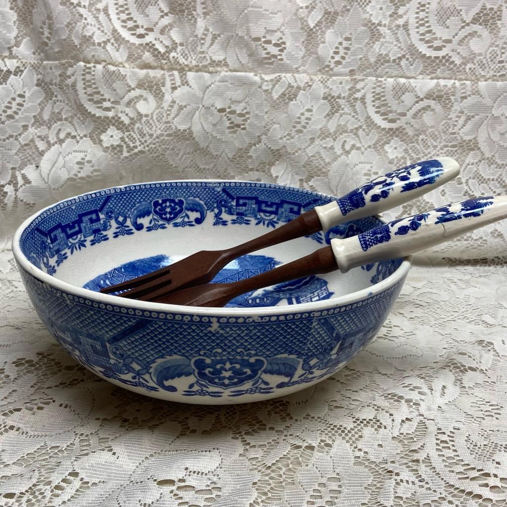 Vintage, 3pc Round Blue Willow Salad-Pasta Bowl with Spoon and Fork