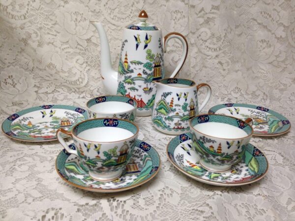 Vintage, Rare, Coalport England, Polychrome, Gaudy Blue Willow 11pc Tea Set