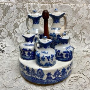 Vintage, Rare, Japan 11-pc Blue Willow Condiment Set with Wooden Handle