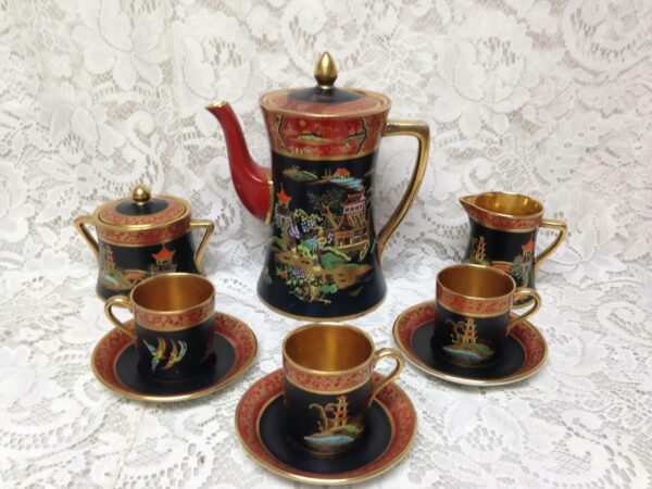 1894-1920s Carlton Ware England Polychrome Gaudy Blue Willow 11pc Demi Tea Set