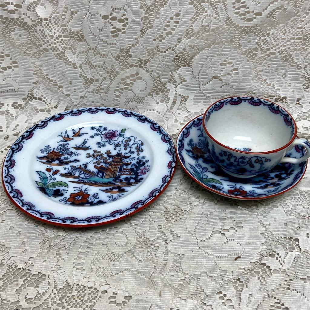 Antique, Flow Blue , Variant Gaudy Blue Willow, E.M. Co., England, Trio Set (B)