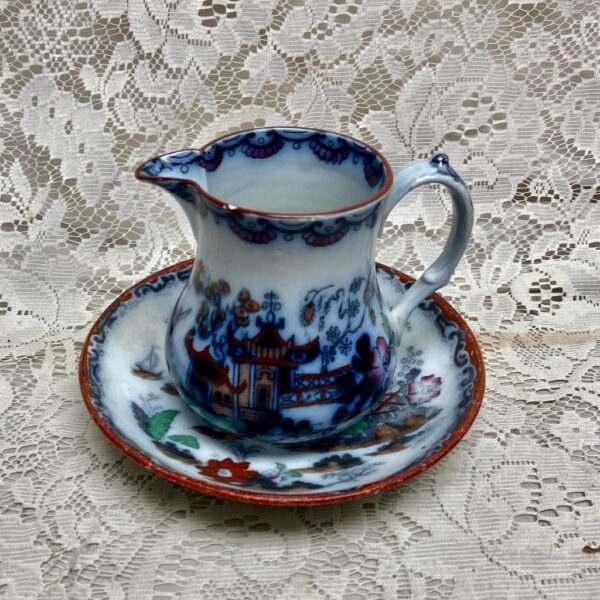 Antique Flow Blue Willow Variant Gaudy Willow, E.M. Co. England, 2pc Creamer Set