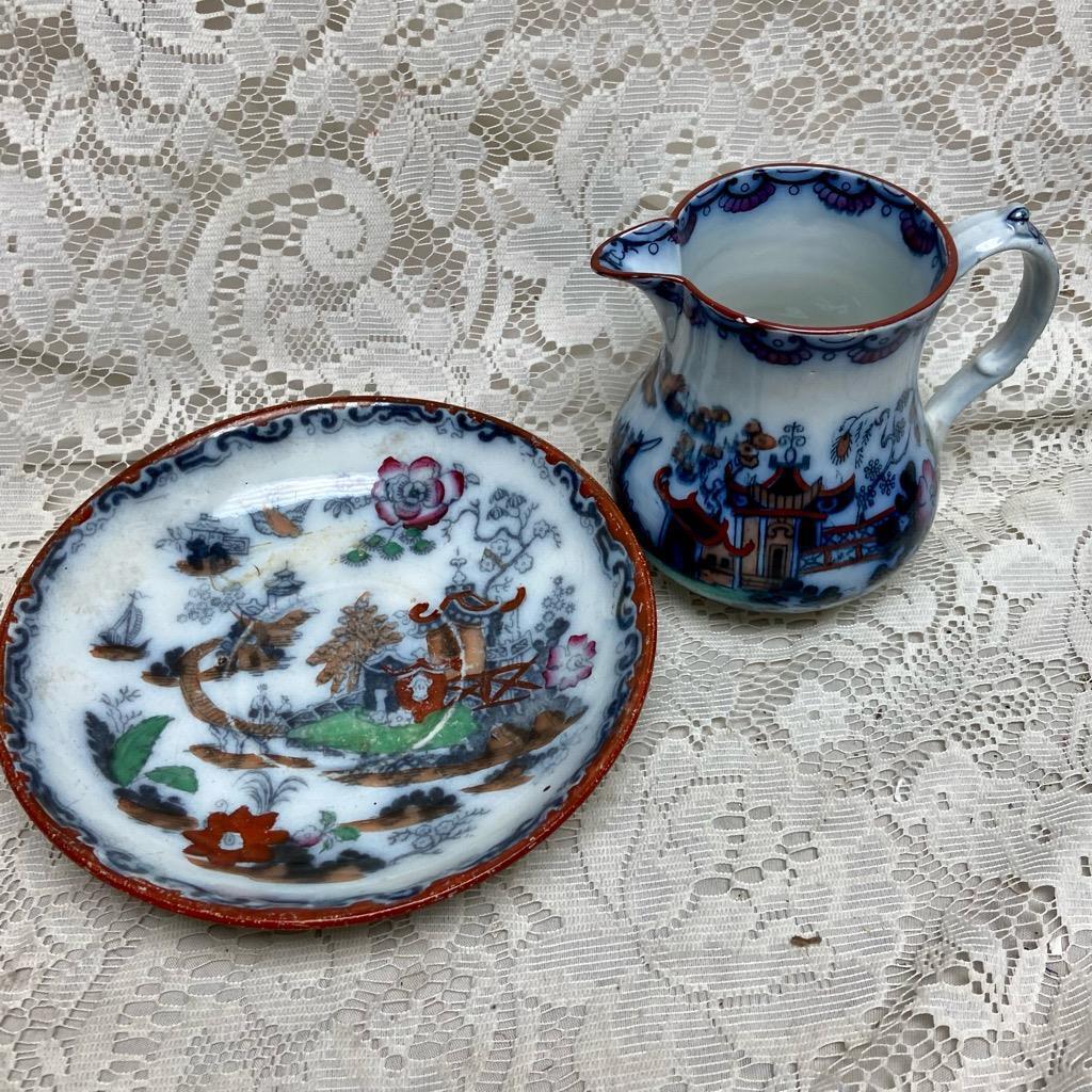 Antique Flow Blue Willow Variant Gaudy Willow, E.M. Co. England, 2pc Creamer Set